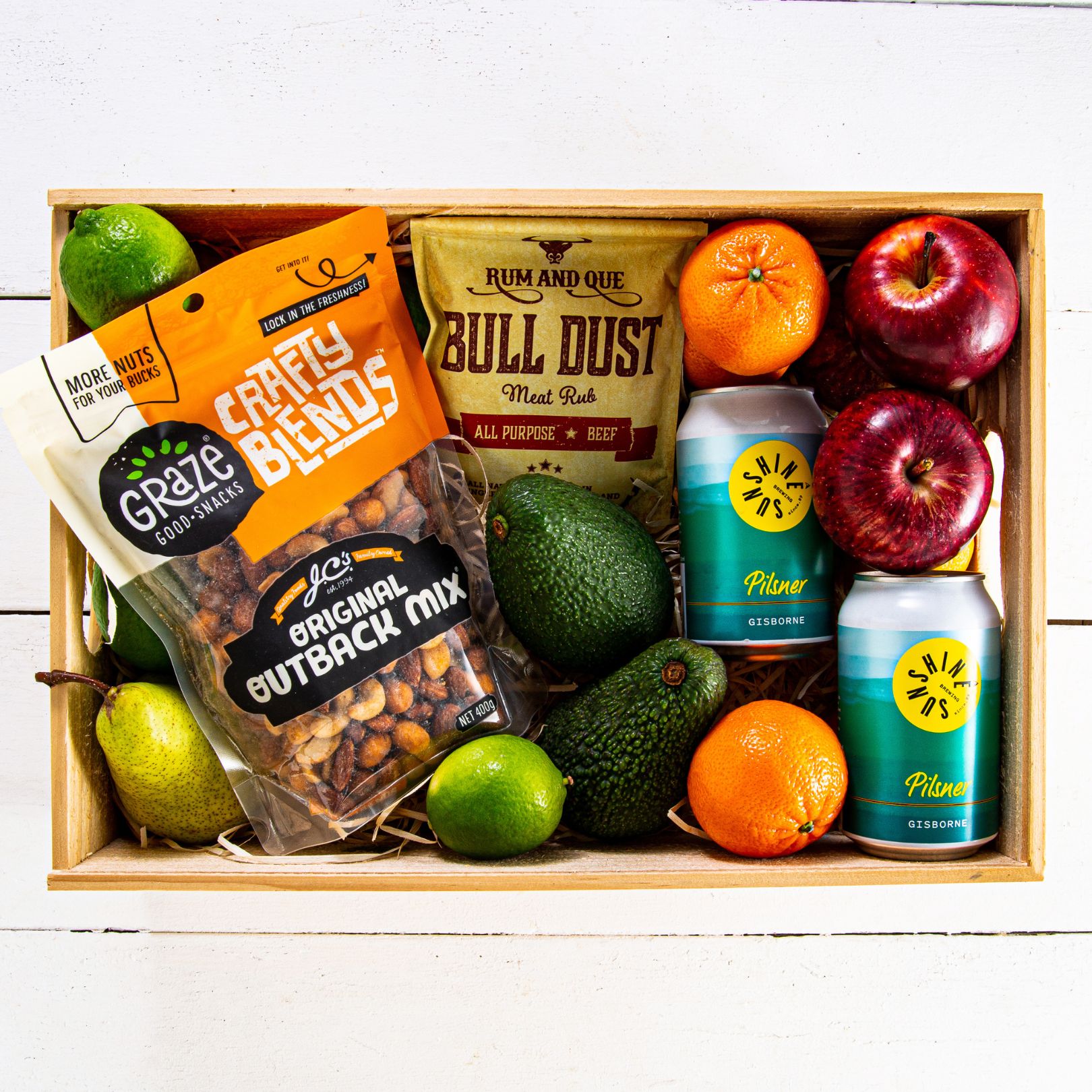 Buy The Cheers - Beer, Nuts & BBQ Rub Fruit Gift Box Online NZ - Twisted Citrus