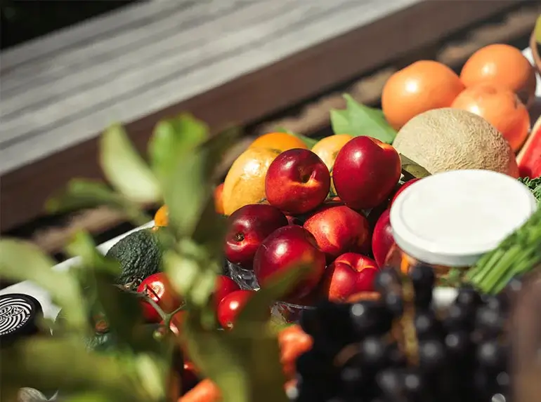 Top down view of various fruit on a table